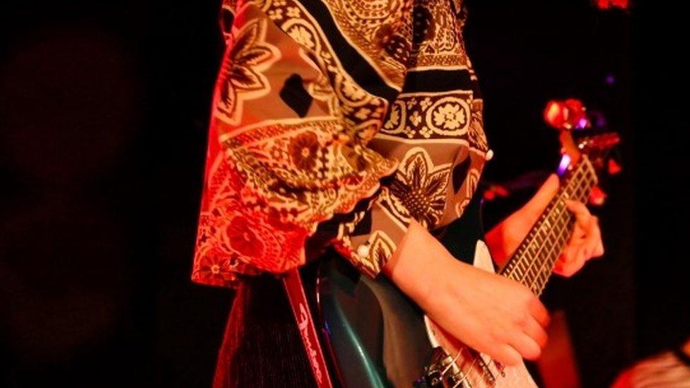 A member of the band Vulgarians playing the guitar in a special BBC Humberside Introducing concert held at the Albemarle Music Centre in Hull