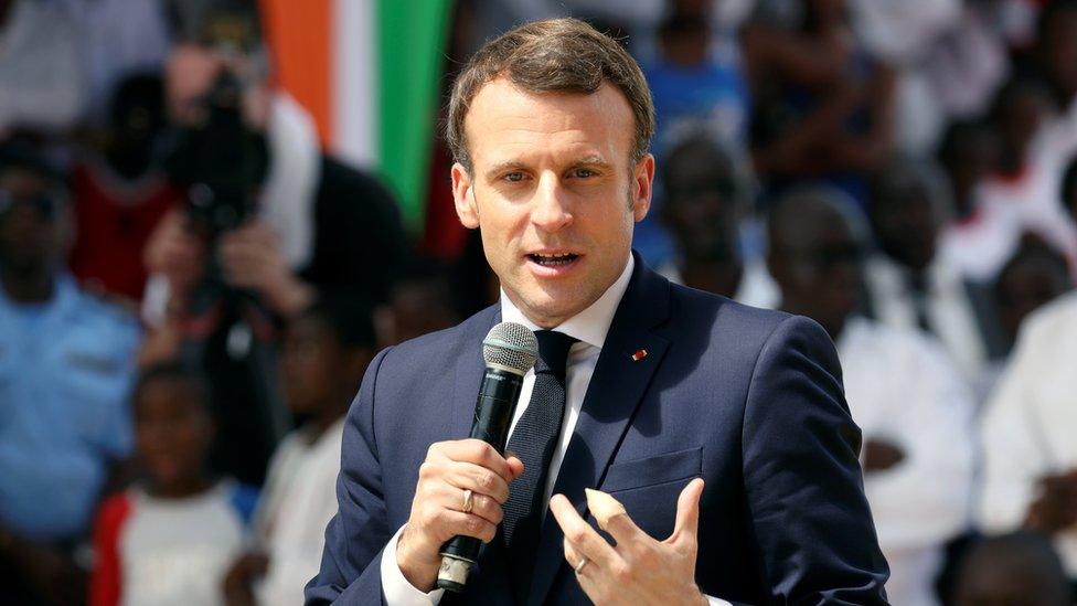 French President Emmanuel Macron speaks in the Ivory Coast on 21 December, 2019.