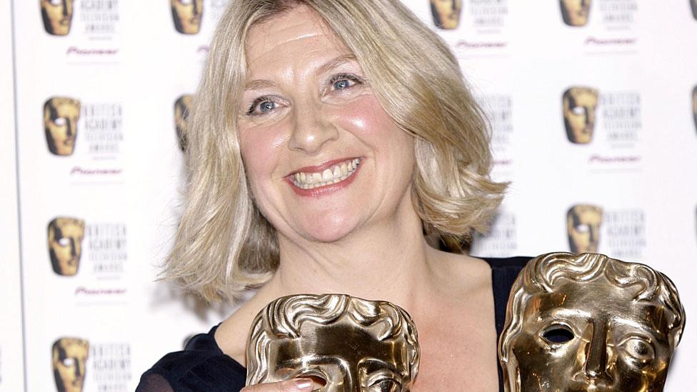 Victoria Wood with the two Baftas she won for Housewife 49 in 2007