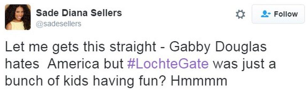 "Let me gets this straight - Gabby Douglas hates America but #LochteGate was just a bunch of kids having fun? Hmmmm"