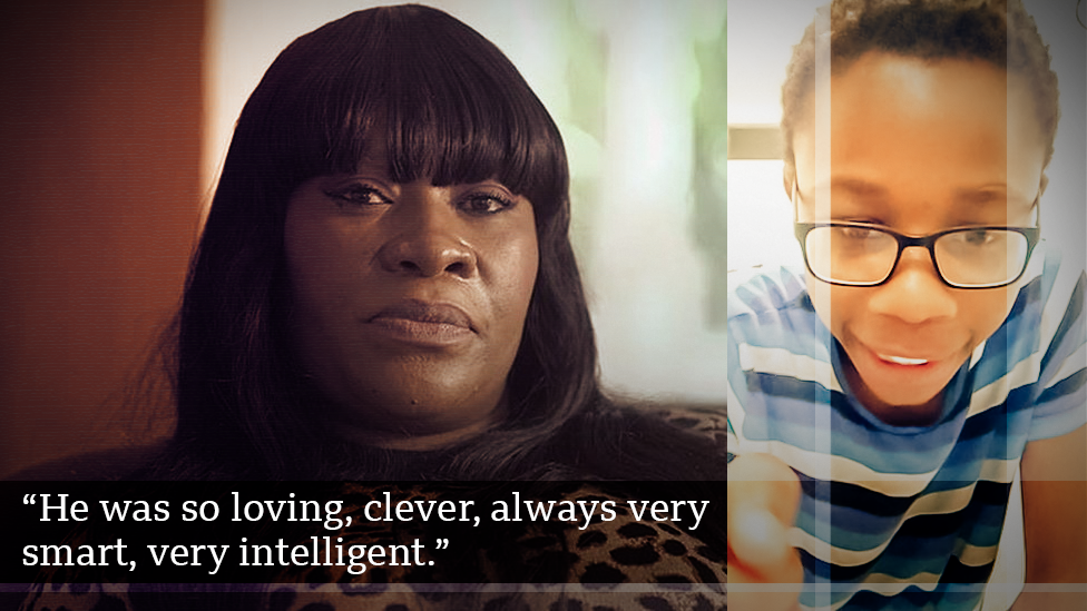 Alina Joseph next to a photo of her son Christopher Kapessa smiling into the camera, wearing glasses and a stripey T-shirt, with the words 'he was so loving, clever, always very smart, very intelligent".