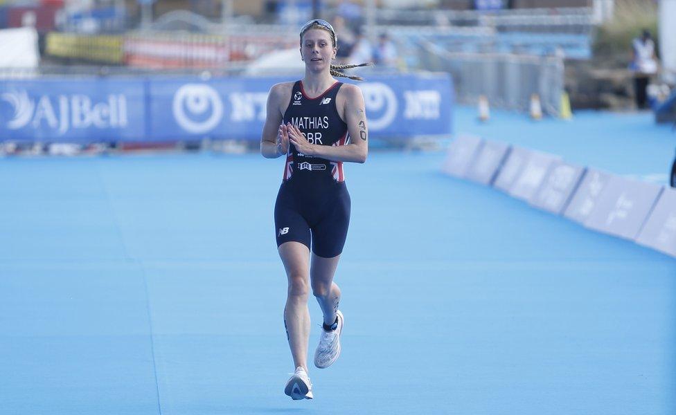 Great Britain's Olivia Mathias crosses the line to finish the Elite Women's race on day one of the 2023 World Triathlon Series event at Roker Beach, Sunderland