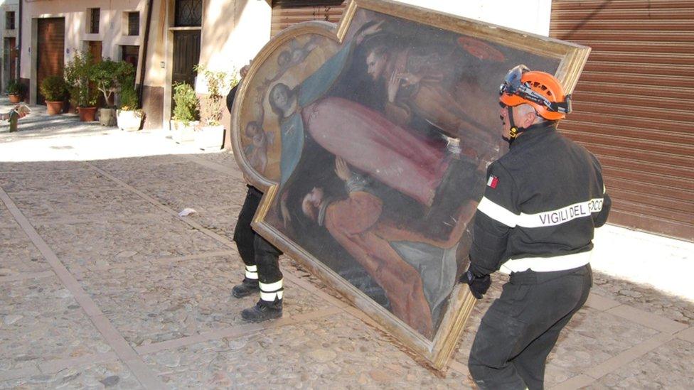 Firemen rescued artworks from the church of San Lorenzo Martire in Norcia on 1 November