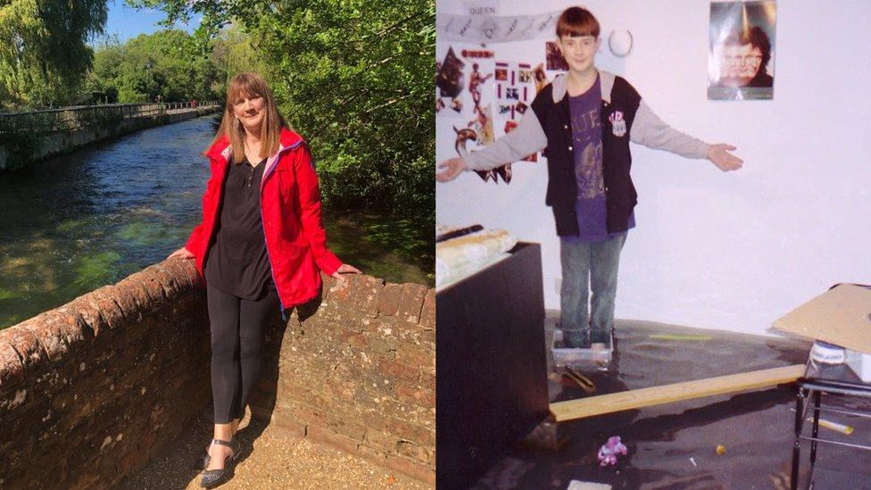 Mary Dhonau (left) and son's flooded bedroom (right)