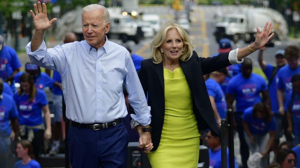 Joe Biden at a campaign rally with his wife Jill Biden