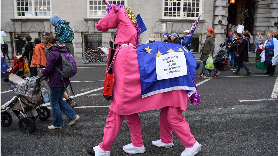 Anti-Brexit campaigners dressed as a unicorn during a rally in Liverpool