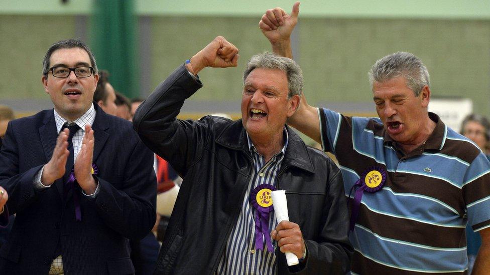 UKIP members celebrate Derrick Fellowes winning the Nethermayne ward during the election count for Basildon