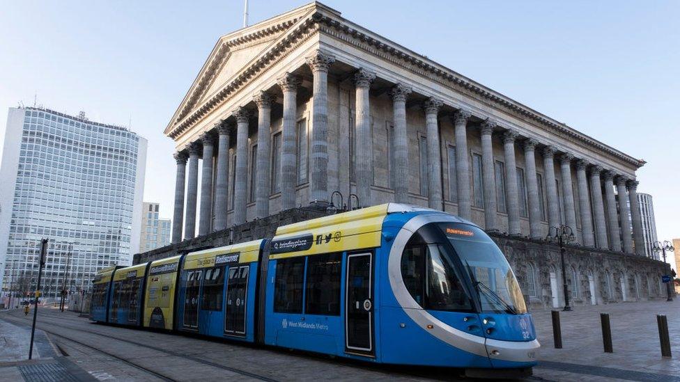 Tram outside Birmingham Town Hall