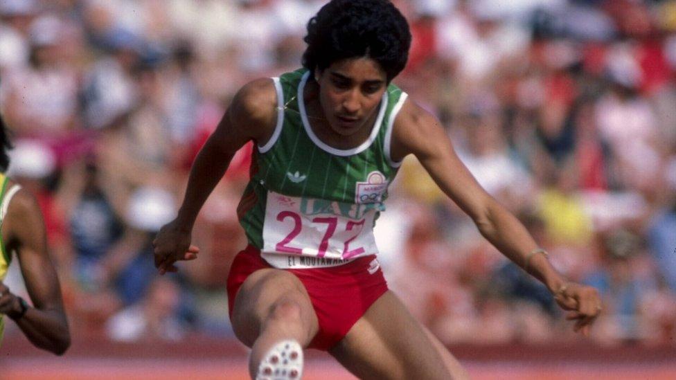 Nawal El Moutawakel competing in the 1984 Olympics