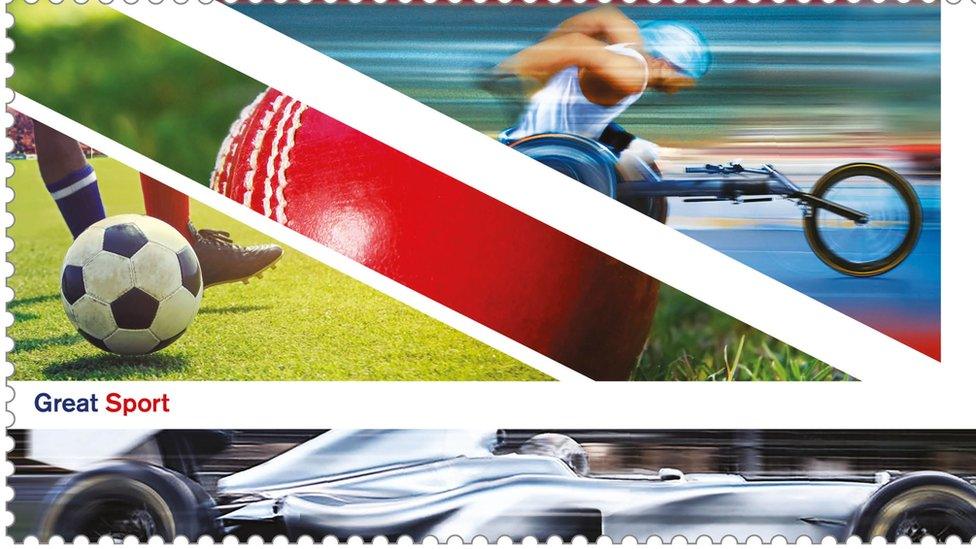 Stamp with football, disability sport and a cricket ball on it.