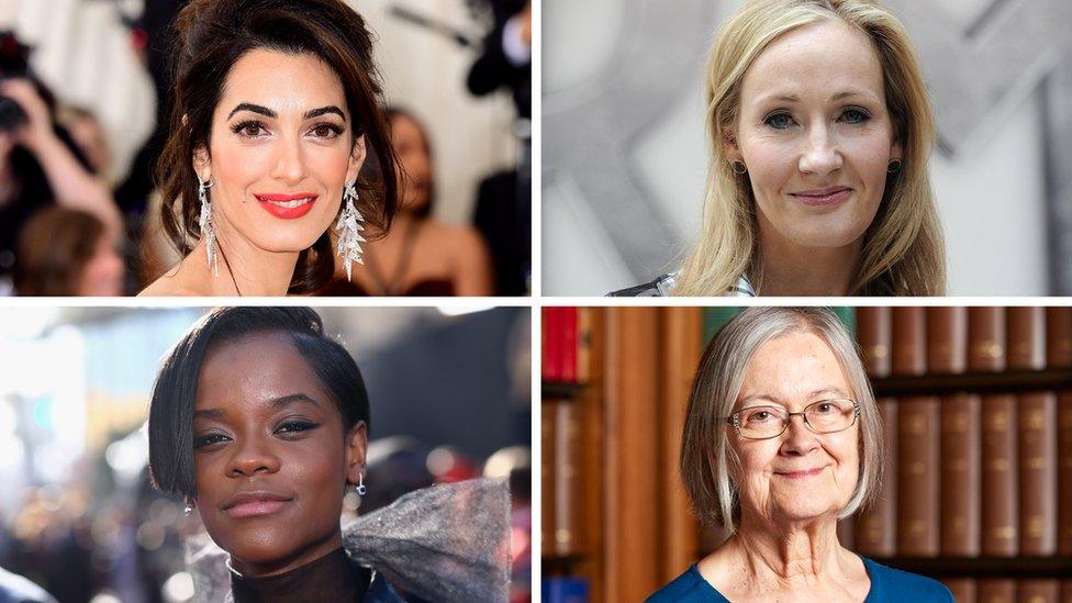 Clockwise from top left: Amal Clooney, JK Rowling, Barnoness Hale, Letitia Wright