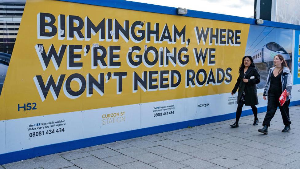 Hoardings surrounding the construction site for the HS2 mainline station at Curzon Street on 4th October 2023 in Birmingham