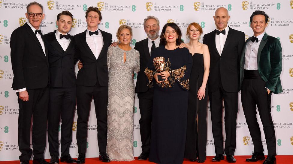 The cast and team behind 1917 with their Bafta for best British film