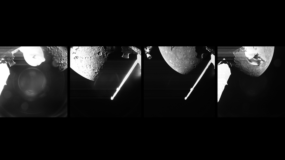 the first images acquired of Mercury by the ESA/JAXA BepiColombo spacecraft during its first Mercury flyby on 1 October 2021.