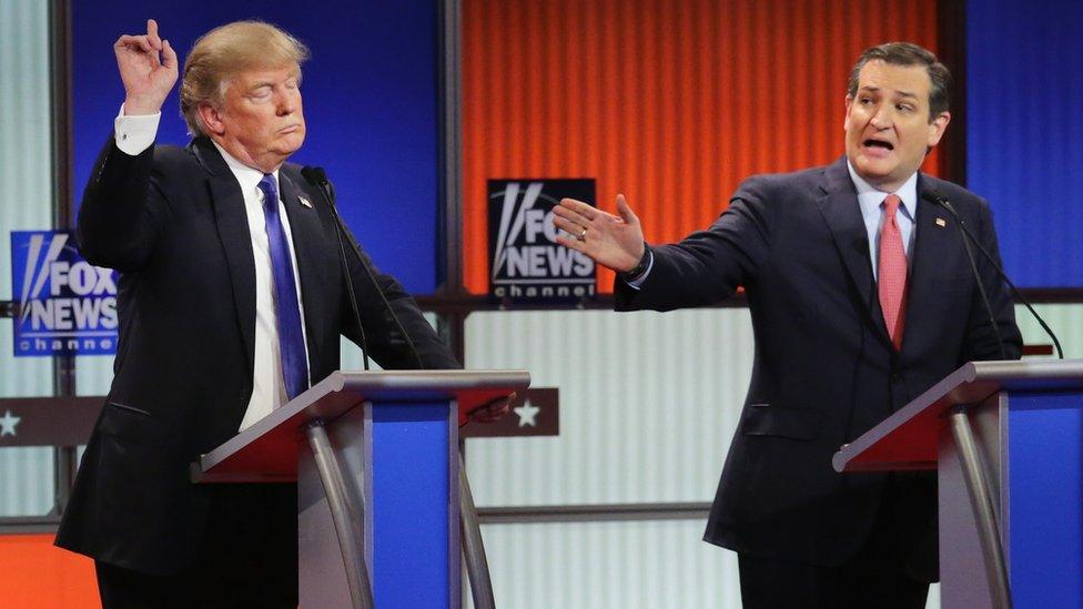 Republican presidential candidates (Lto R) Donald Trump and Sen. Ted Cruz (R-TX) participate in a debate sponsored by Fox News at the Fox Theatre on March 3, 2016 in Detroit, Michigan