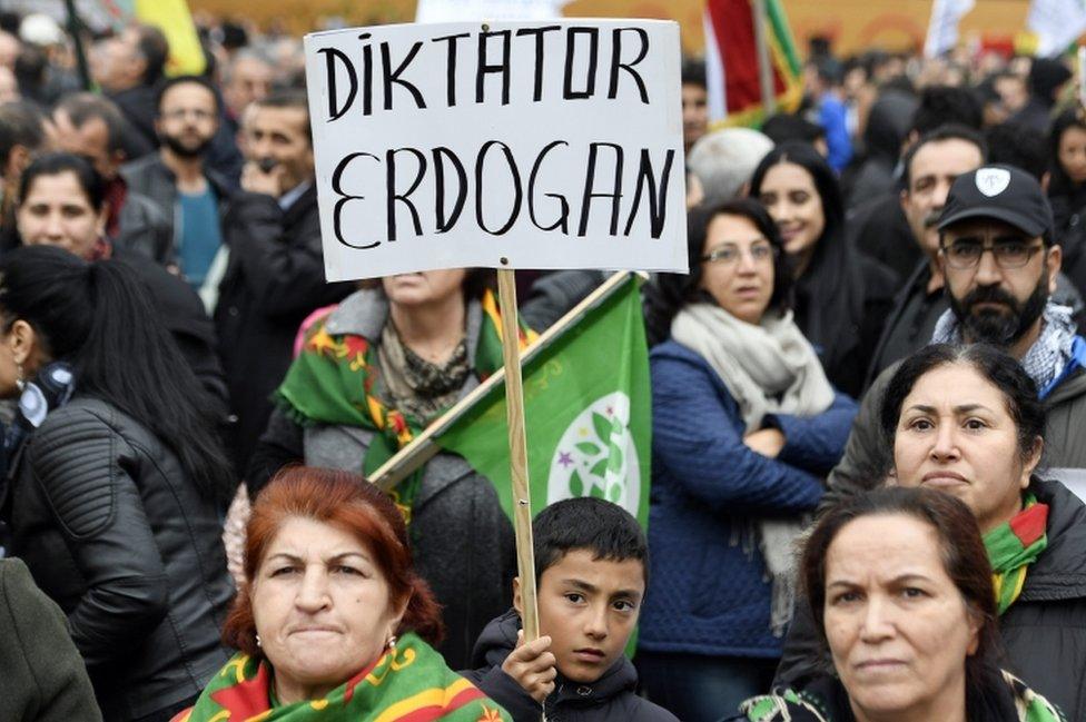 Kurdish demonstrators protest against the policies of Turkish President Recep Tayyip Erdogan, in Zurich, Switzerland, on 5 November 2016.