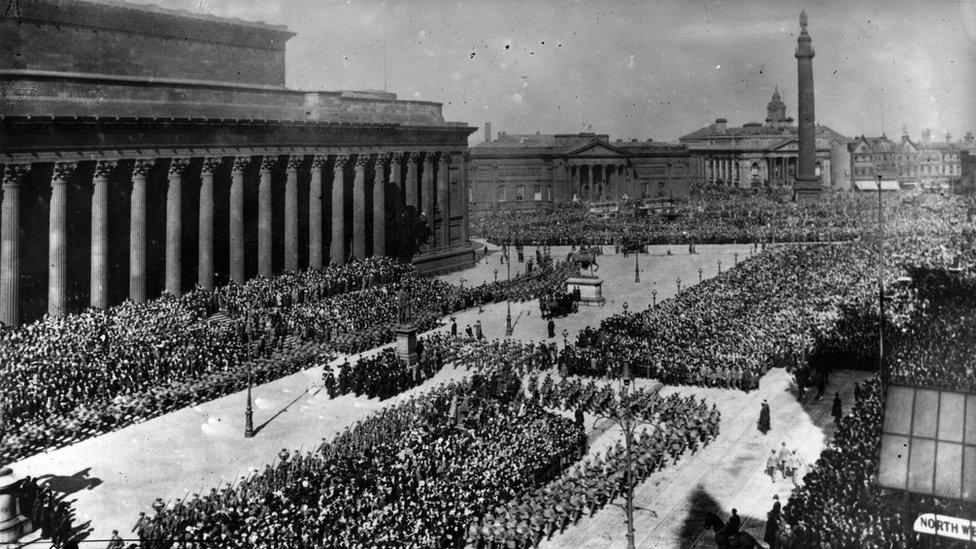 The parade of various sections of the New Army of 12,000 men outside St George's Hall