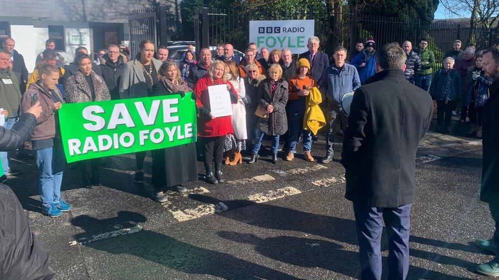 Foyle MP Colum Eastwood addressing the crowd