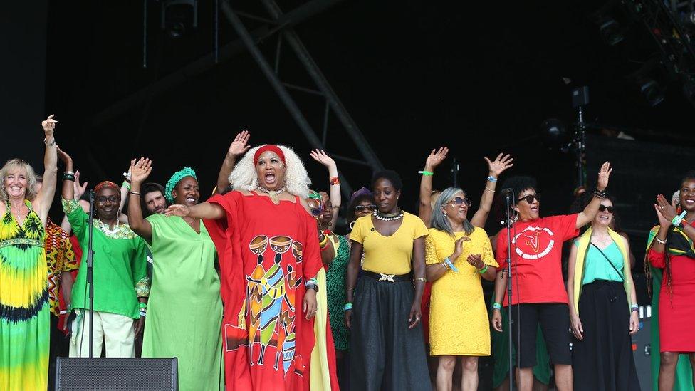 The Bristol Reggae Orchestra and the Windrush Choir perform on the Pyramid Stage