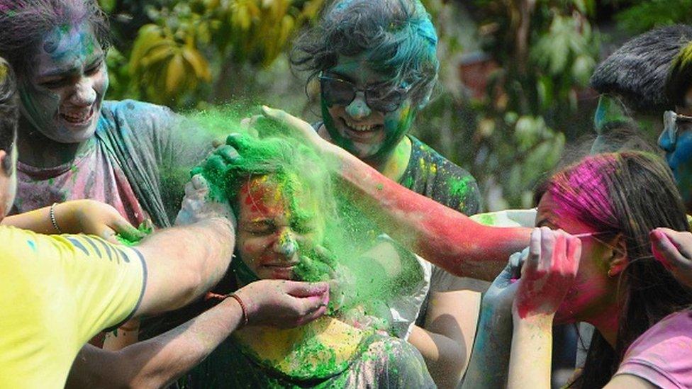 Students celebrate Holi at Panjab University on March 17, 2022 in Chandigarh, India.