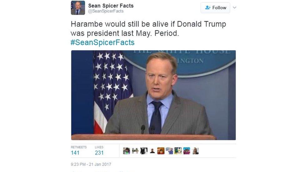 @SeanSpicerFacts: "Harambe would still be alive if Donald Trump was president last May. Period. "