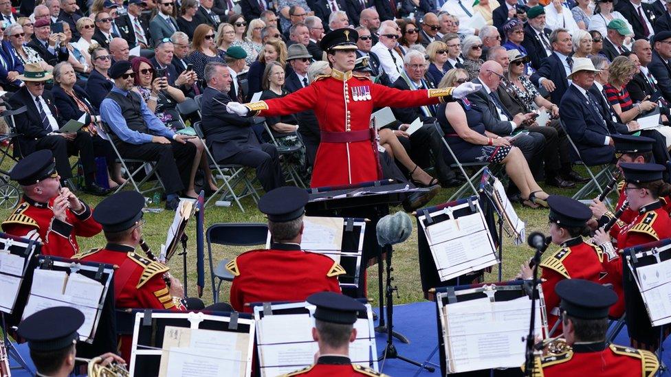 A military band performs at a service to mark the 40th anniversary of the liberation of the Falkland Islands at the National Memorial Arboretum in Alrewas, Staffordshire.