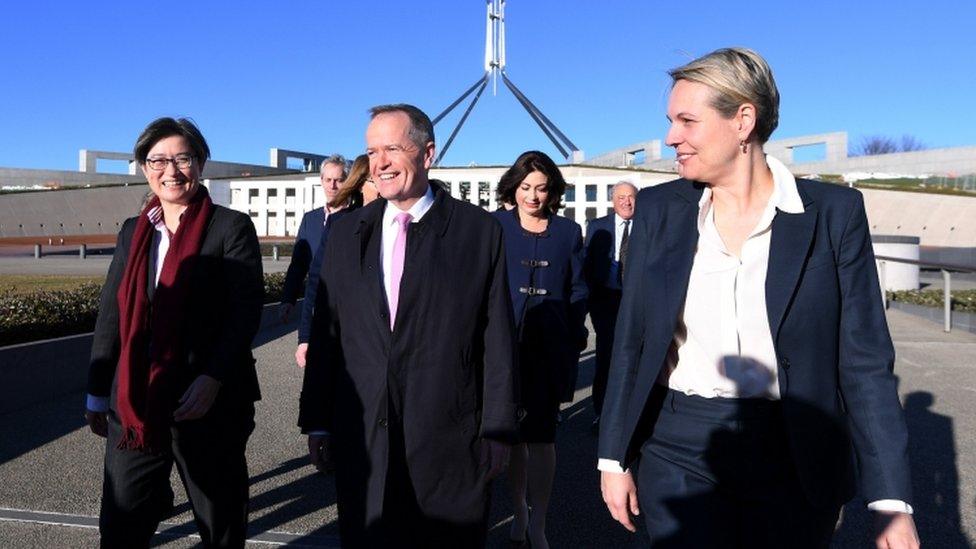 Labor Senator Penny Wong, Australian Opposition Leader Bill Shorten and Deputy Opposition Leader Tanya Plibersek