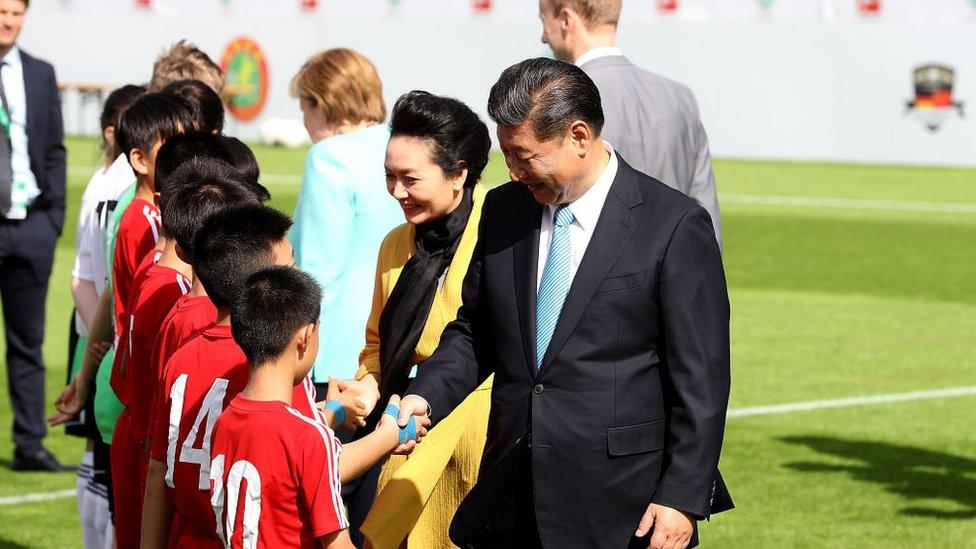 President XI Jinping of China attends the Chinese German Football Summer Camp at Stadion am Wurfplatz on July 5, 2017 in Berlin, German