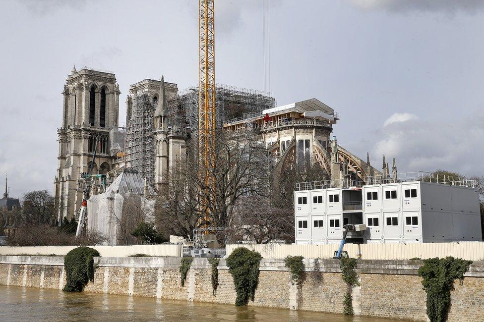 Scaffolding is seen on the Notre-Dame cathedral