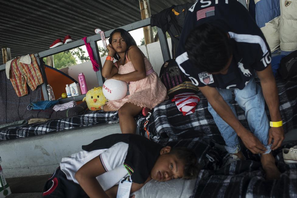 Nahín in the sports centre in Mexico City where migrants where housed