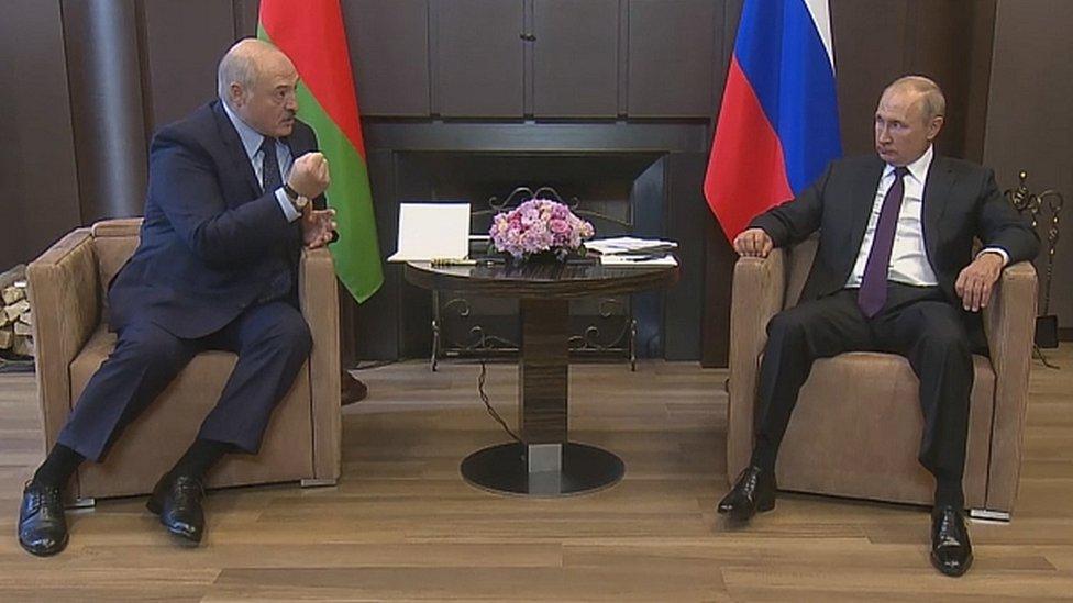 Belarus President Alexander Lukashenko (L) and Russian President Vladimir Putin (R) during their meeting in the Black sea resort of Sochi, Russia, 14 September 2020