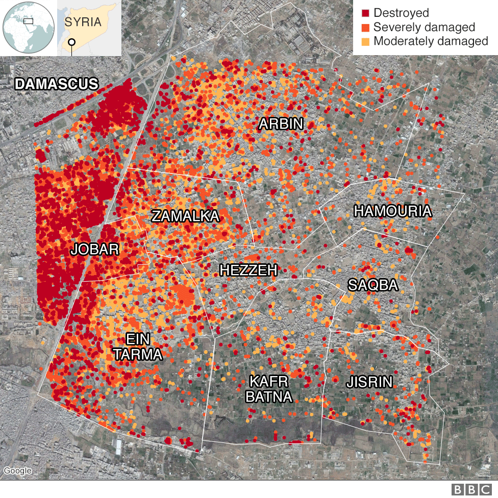 Map showing damage levels in Eastern Ghouta, Syria, up to December 2017