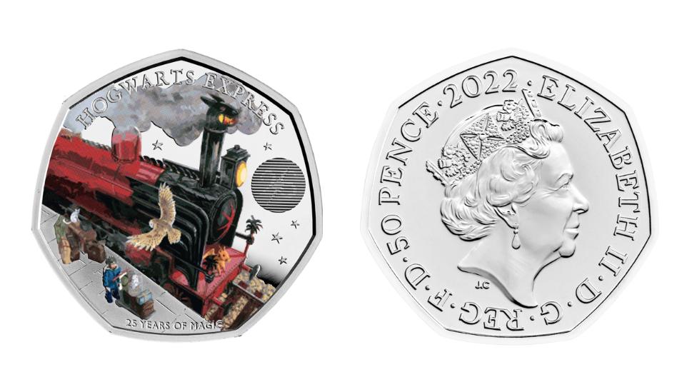 The front and back of the Hogwarts Express 50p coin