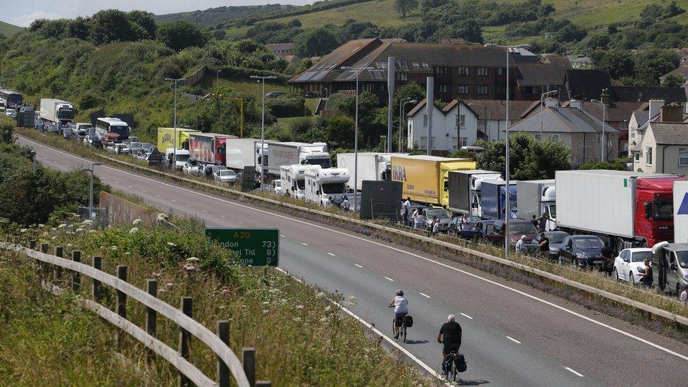 Traffic jam on the main road leading into the port of Dover