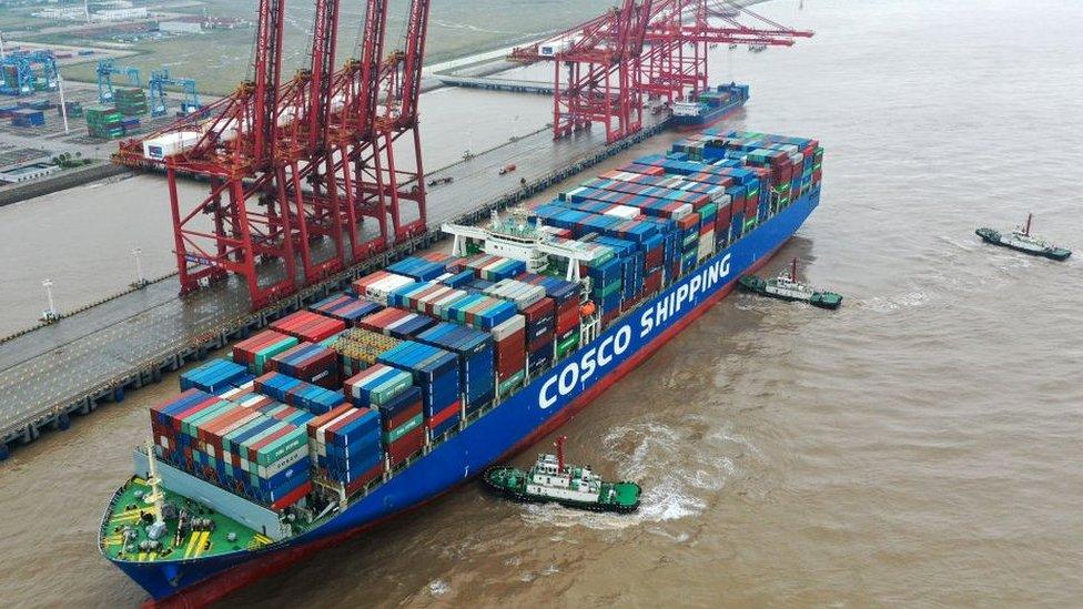 Container ships moored at Ningo-Zhoushan port, China