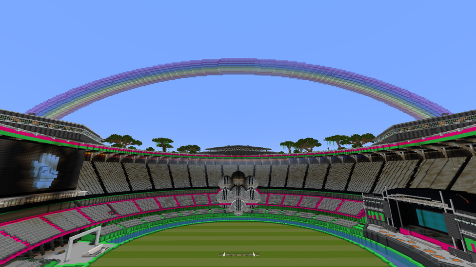 Stadium in Minecraft with rainbow arch