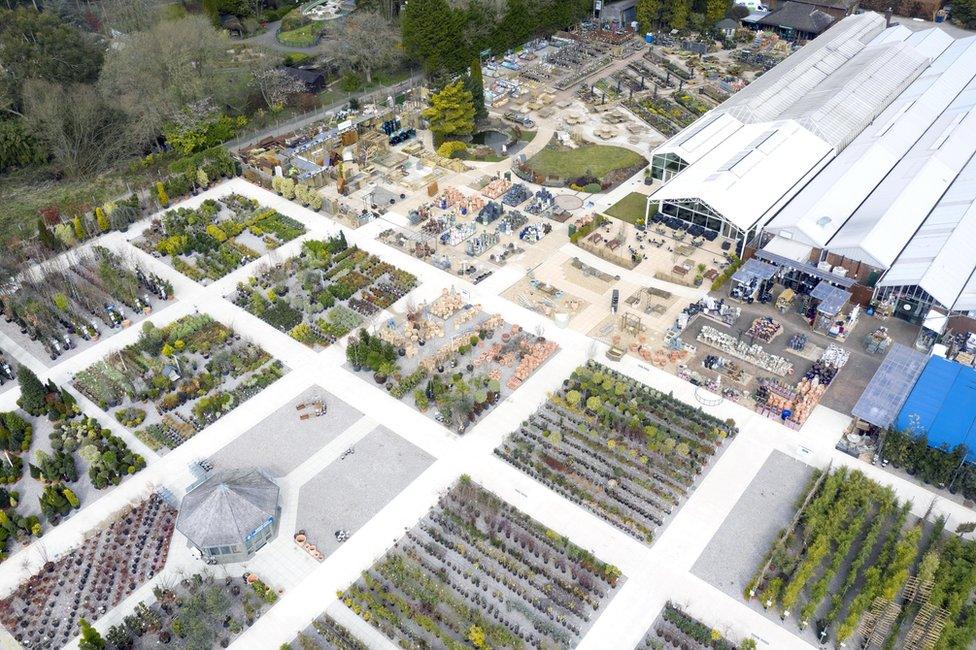 An aerial view of the outdoor area of a garden centre showing it empty of customers