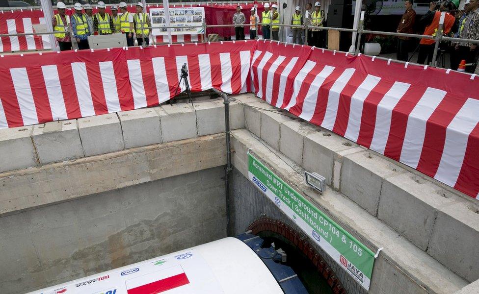 President Joko Widodo (4th L) pushes a control lever to launch Jakarta's underground rail project (21 Sept 2015)