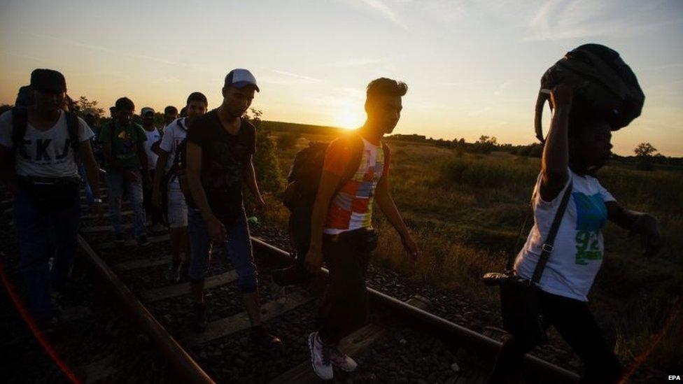 Migrants at the railway crossing at the border between Hungary and Serbia (26 August 2015)