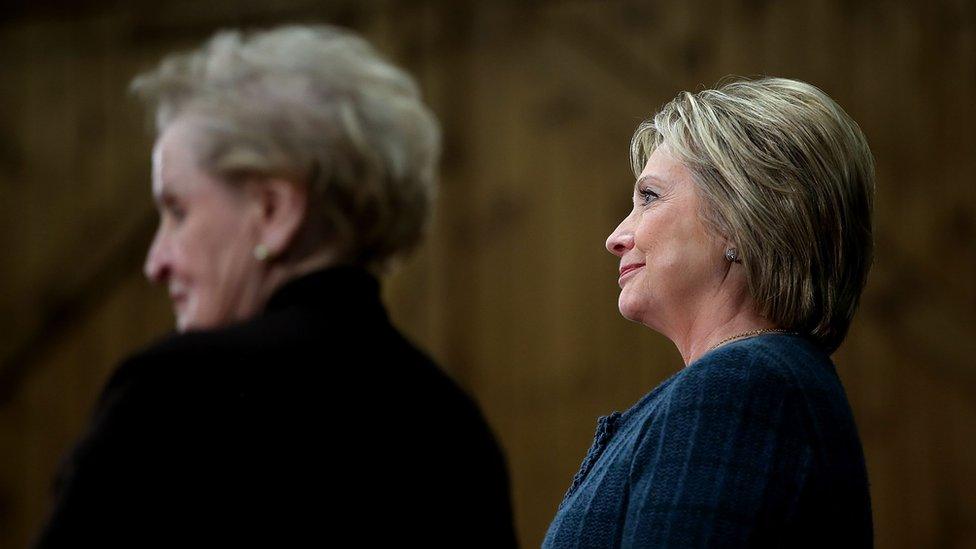 Democratic presidential candidate former Secretary of State Hillary Clinton (R) looks on with former Secretary of State Madeleine Albright (L) during a get out the vote organizing event at Rundlett Middle School on 6 February 2016 in Concord, New Hampshire.