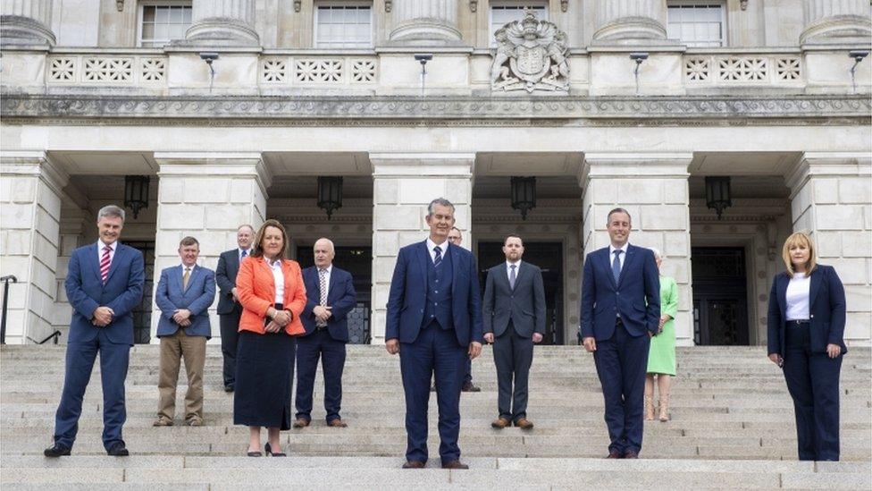 DUP leader Edwin Poots with part of his first ministerial team at Stormont