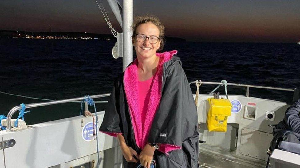 Evie Anema on a boat before swimming the English Channel