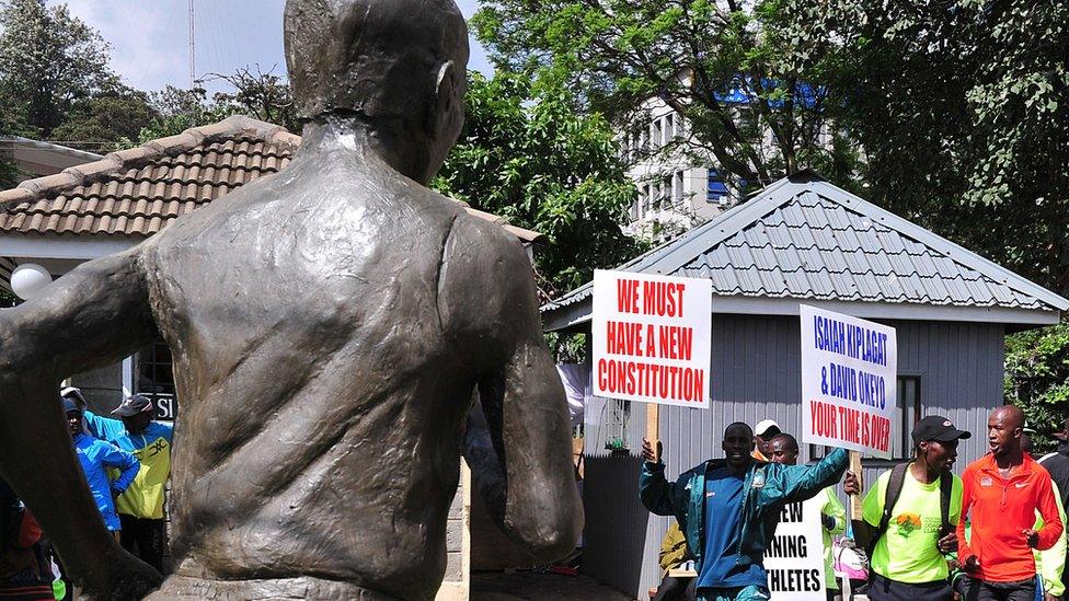 Kenyan athletes demonstrating outside Athletics Kenya in Nairobi - November 2015