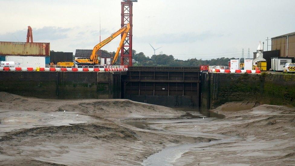 Raised broken hydraulic sea gate at Glasson Dock near Lancaster