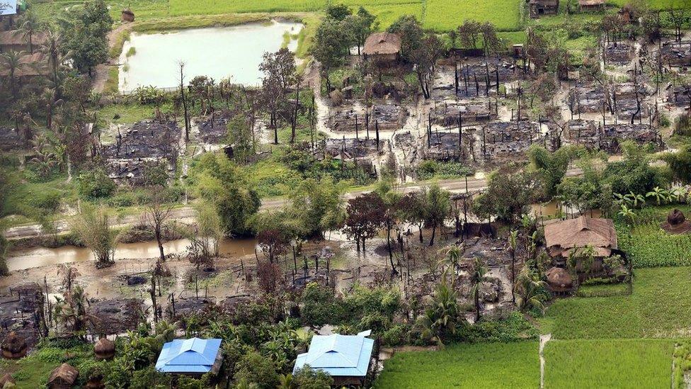 An aerial view showing the burnt-out village near Maungdaw township in Rakhine State, western Myanmar, 27 September 2017