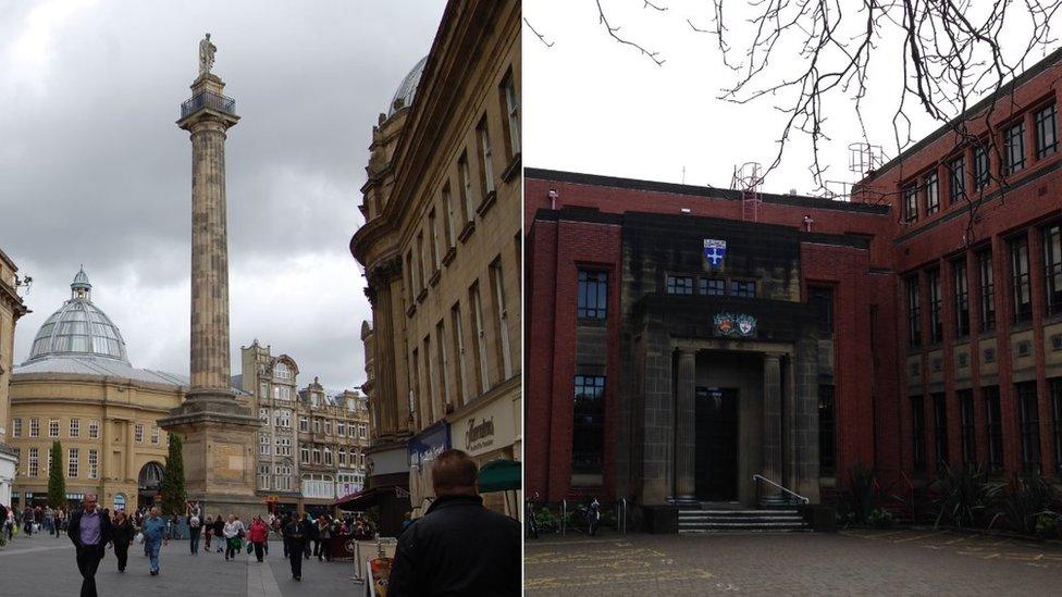 Grey's Monument and Newcastle University building