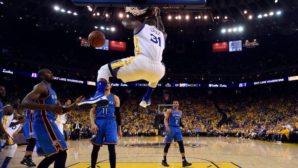 Golden State Warriors Festus Ezeli of Nigeria (R) dunks the ball over Oklahoma City Thunder forward Serge Ibaka of Congo (L) during their NBA Western Conference finals game seven at Oracle Arena in Oakland, California, the US - Monday 30 May 2016