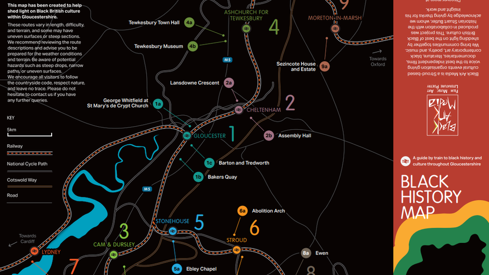 A black map highlighting areas of black history in Britain