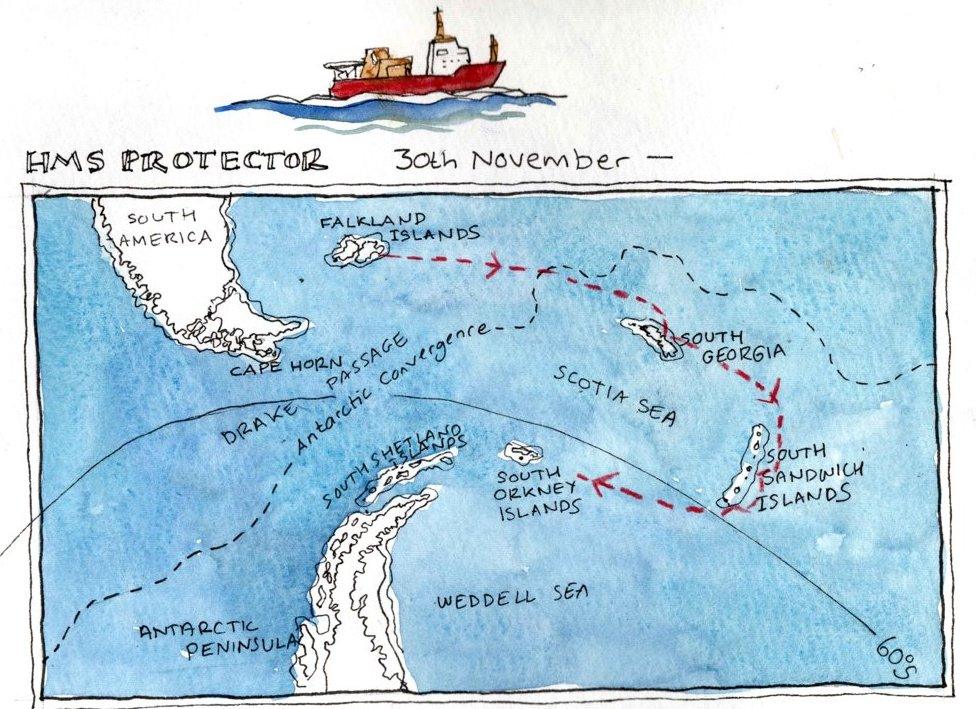 Map showing route of Royal Navy ship