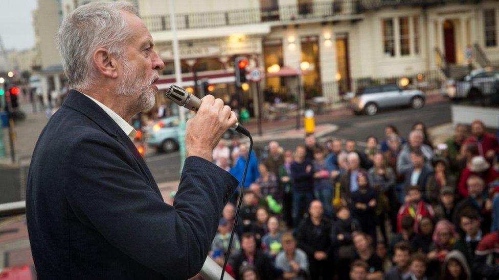 Jeremy Corbyn addressing a crowd of supporters outside a Labour event in Brighton